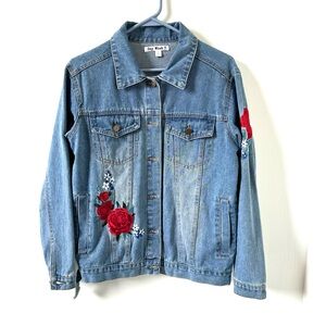 Say What? Denim floral embroidered jacket size small